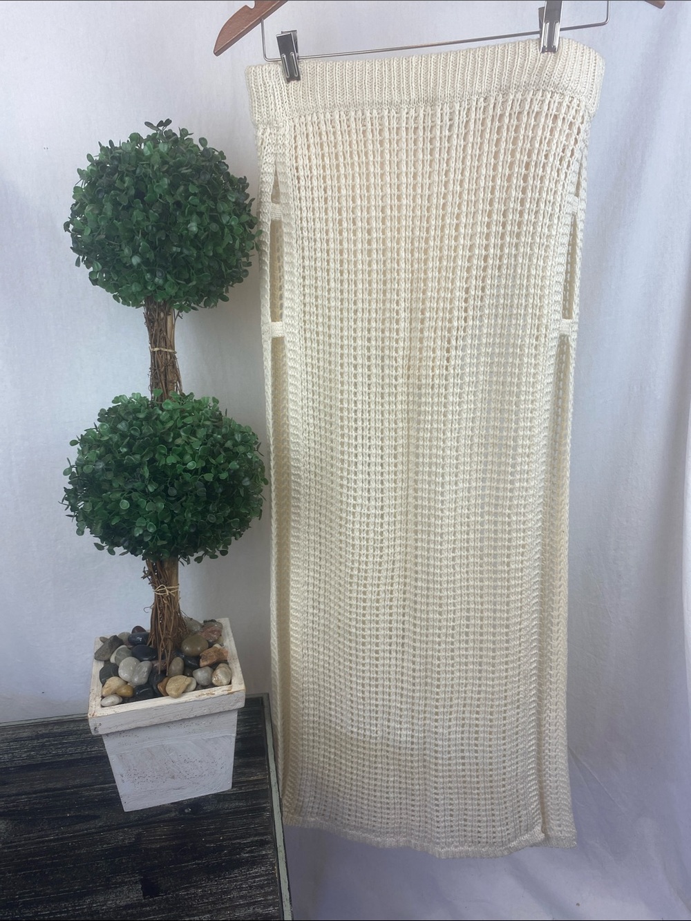 Forever 21 Ivory Cream Knit Crochet Sheer Side Slit Maxi Skirt M